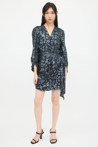 Ba&sh Black & Blue Metallic Patterned Wrap Dress