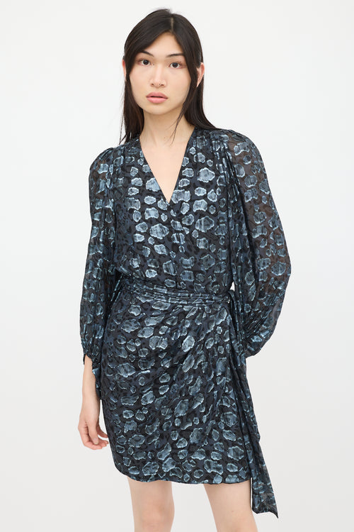 Ba&sh Black & Blue Metallic Patterned Wrap Dress