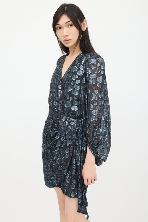 Ba&sh Black & Blue Metallic Patterned Wrap Dress