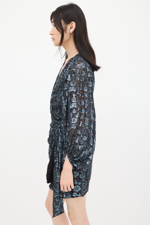 Ba&sh Black & Blue Metallic Patterned Wrap Dress