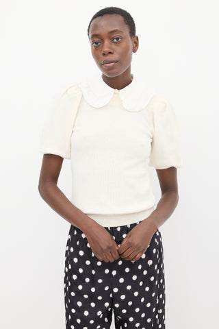 Ba&sh Cream & White Knit Collared Puff Sleeve Sweater