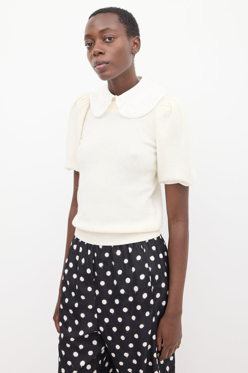 Ba&sh Cream & White Knit Collared Puff Sleeve Sweater