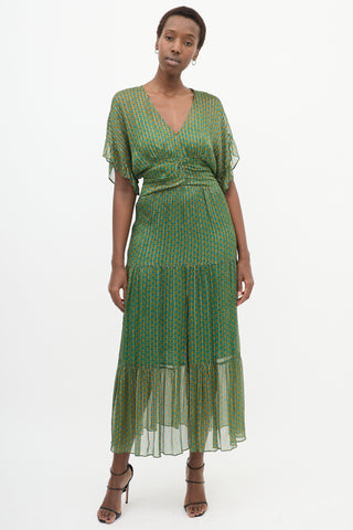 Green & Yellow Paisley Pleated Dress