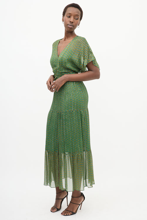 Green & Yellow Paisley Pleated Dress