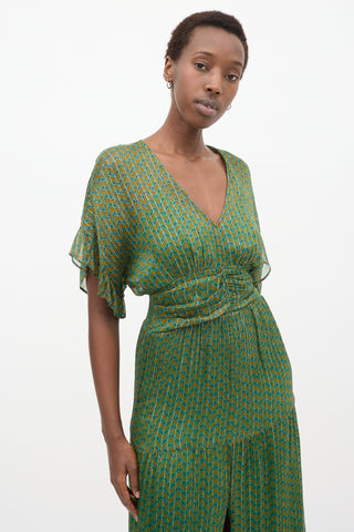 Green & Yellow Paisley Pleated Dress