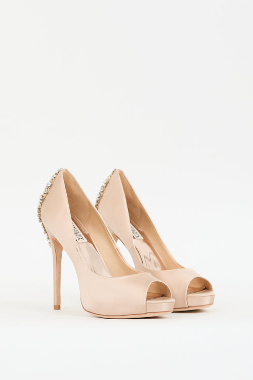 Badgley Mischka Beige Satin Embellished Peep Toe Heel