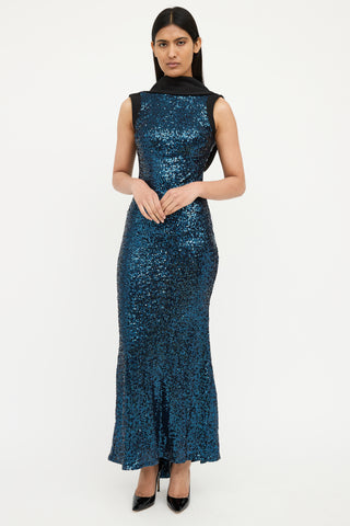 Badgley Mischka Blue & Black Sequin Sleevless Gown