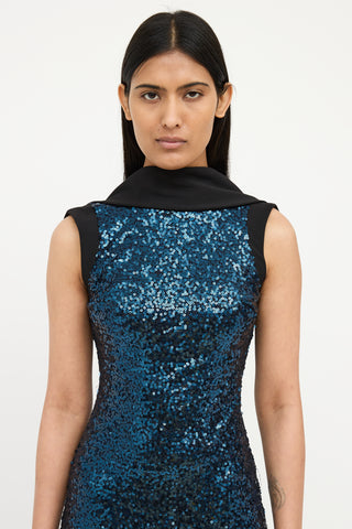 Badgley Mischka Blue & Black Sequin Sleevless Gown