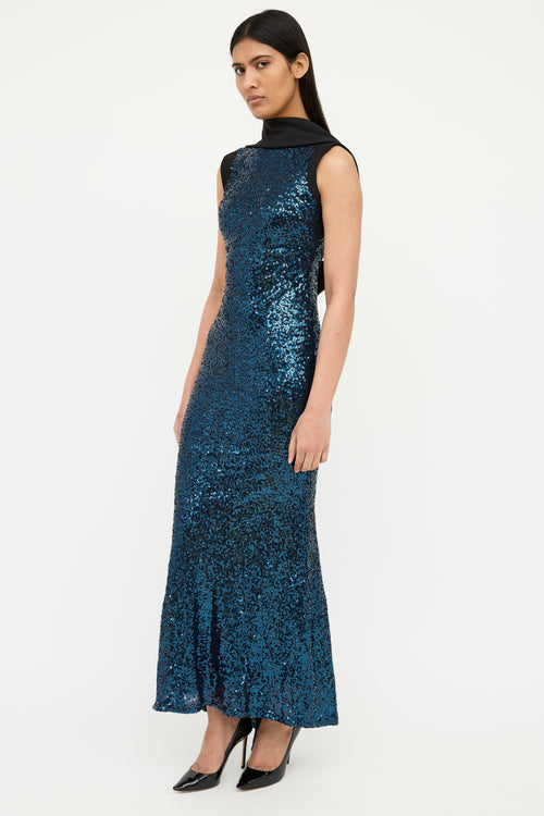 Badgley Mischka Blue & Black Sequin Sleevless Gown