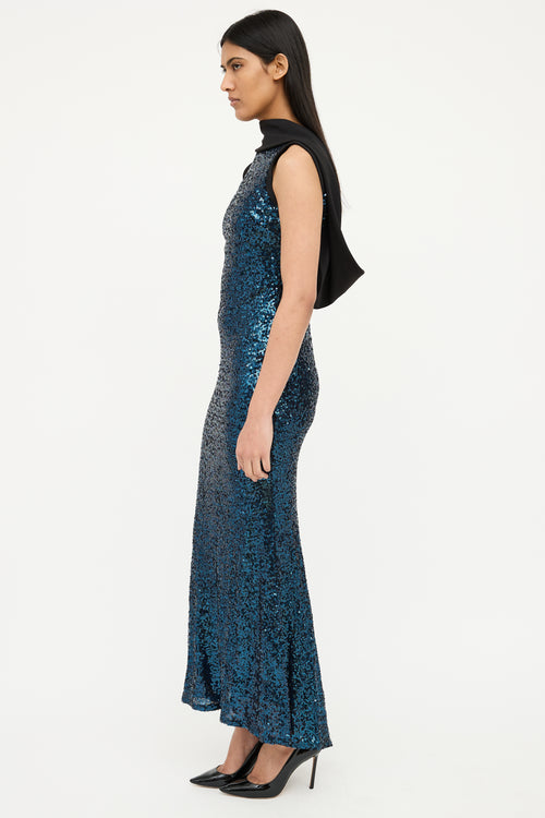 Badgley Mischka Blue & Black Sequin Sleevless Gown