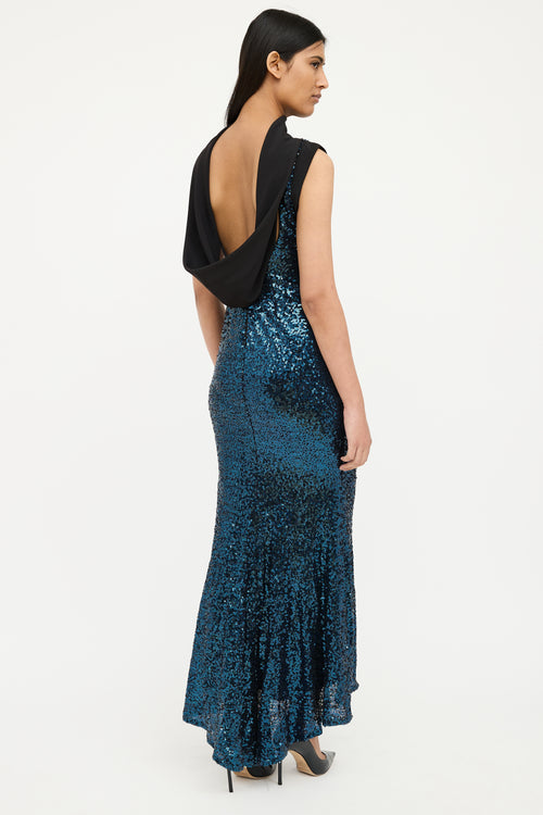 Badgley Mischka Blue & Black Sequin Sleevless Gown