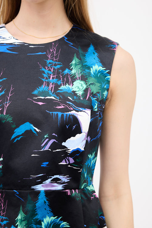 Balenciaga 2014 Satin Forest Printed Dress