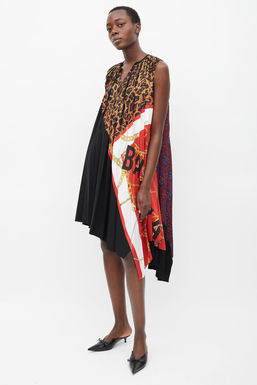 Balenciaga 2019 Black & Multicolour Printed Asymmetric Pleated Dress