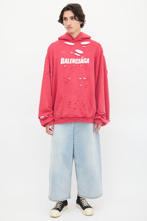 Balenciaga 2021 Fuschia & White Destroyed Logo Hoodie