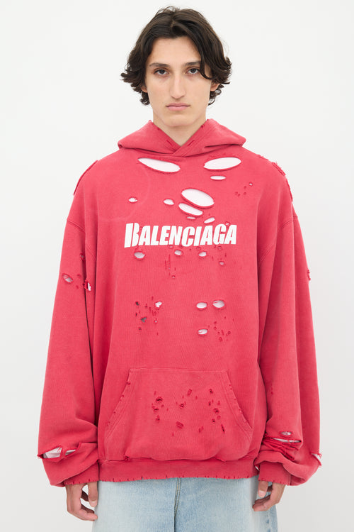 Balenciaga 2021 Fuschia & White Destroyed Logo Hoodie