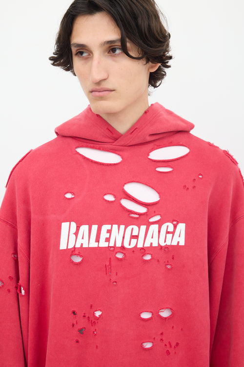 Balenciaga 2021 Fuschia & White Destroyed Logo Hoodie