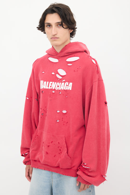 Balenciaga 2021 Fuschia & White Destroyed Logo Hoodie