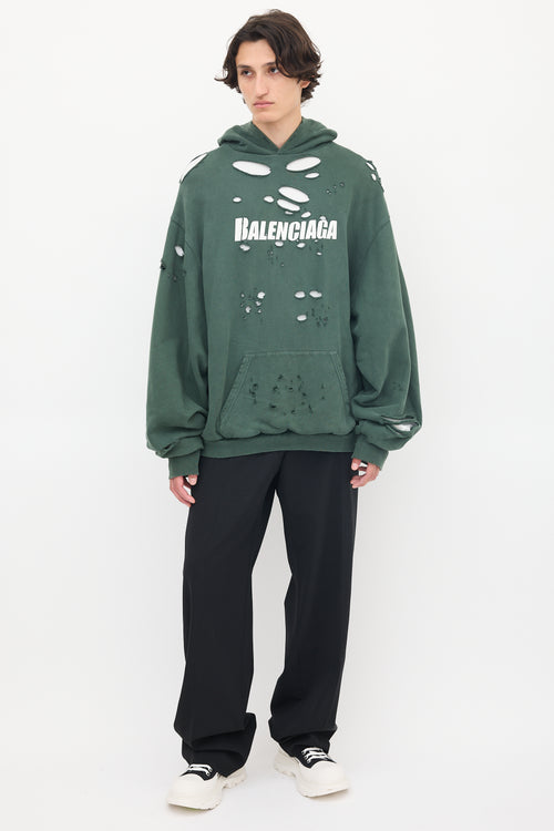 Balenciaga 2021 Green & White Destroyed Logo Hoodie