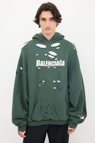 Balenciaga 2021 Green & White Destroyed Logo Hoodie