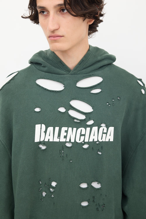 Balenciaga 2021 Green & White Destroyed Logo Hoodie