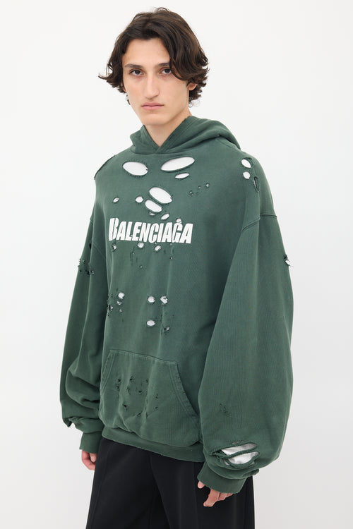 Balenciaga 2021 Green & White Destroyed Logo Hoodie