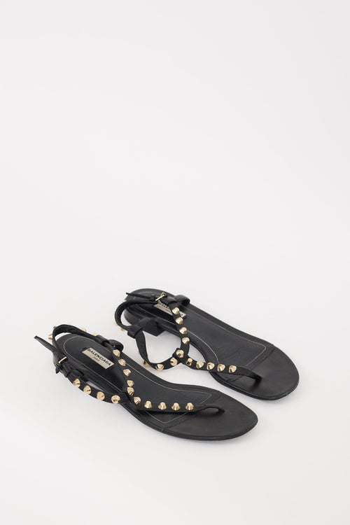 Balenciaga Black Leather Studded T-Strap Sandal