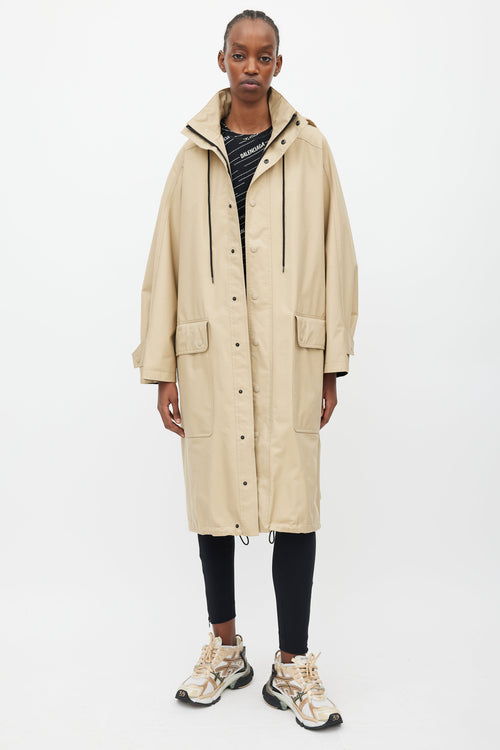 Balenciaga Beige & Black Hooded Logo Coat