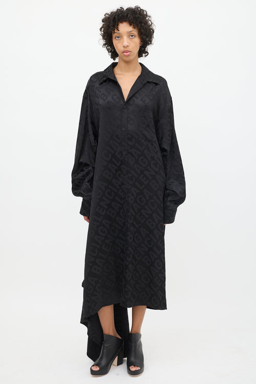 Balenciaga Black All Over Logo Wrap Shirt Dress