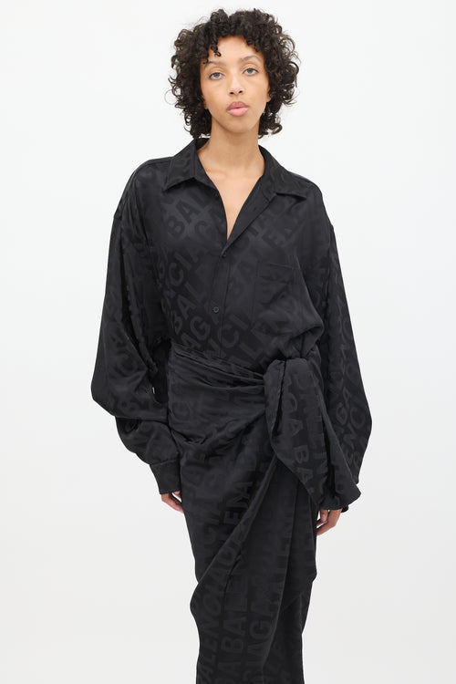 Balenciaga Black All Over Logo Wrap Shirt Dress