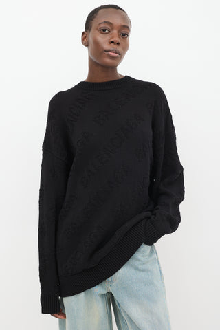 Balenciaga Black Cotton Logo Intarsia Oversized Sweater