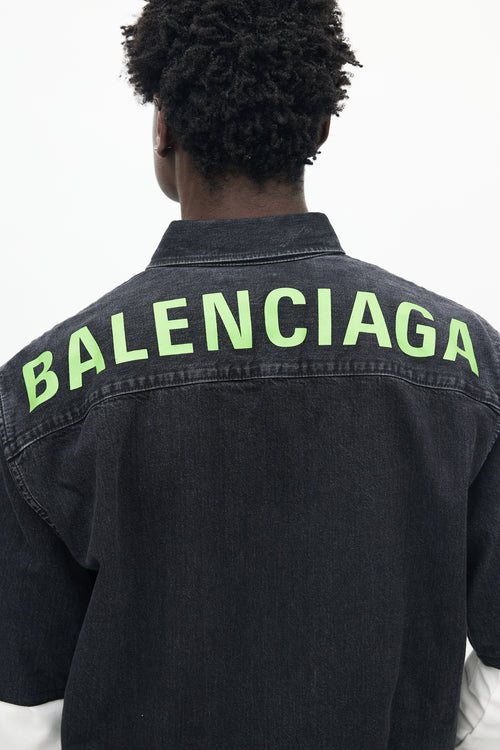 Balenciaga Black Denim Patch Pocket Logo Button Up