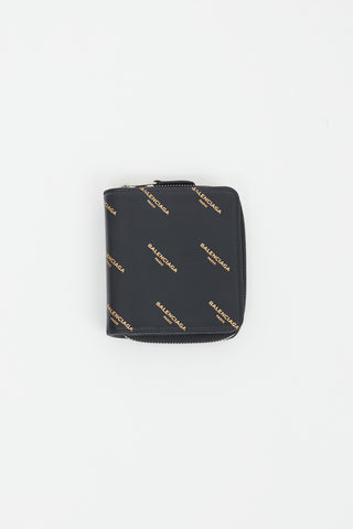 Balenciaga Black & Gold Logo Printed Zip Wallet