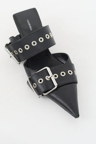 Balenciaga Black Leather Buckled Pointed Toe Mule