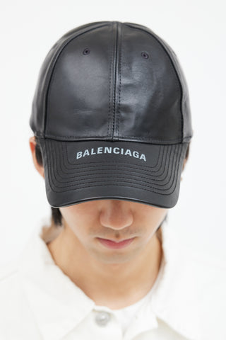 Balenciaga Black Leather Logo Hat