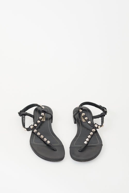 Balenciaga Black Leather Studded T-Strap Sandal