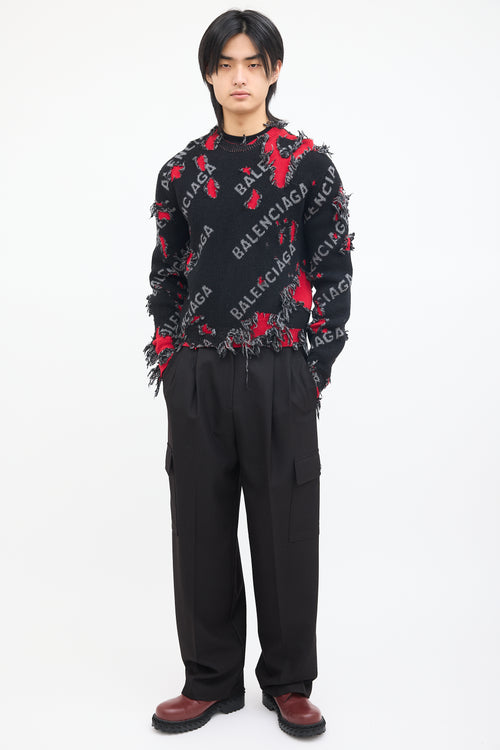 Balenciaga Black & Red Wool Destroyed Logo Sweater