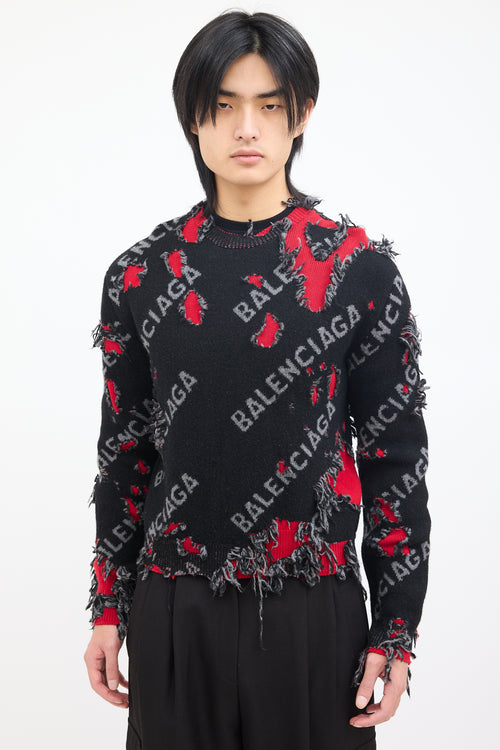 Balenciaga Black & Red Wool Destroyed Logo Sweater