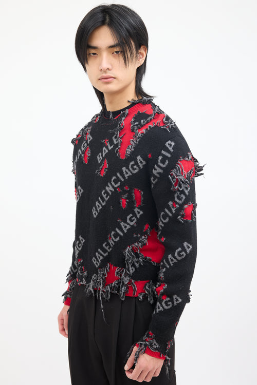 Balenciaga Black & Red Wool Destroyed Logo Sweater