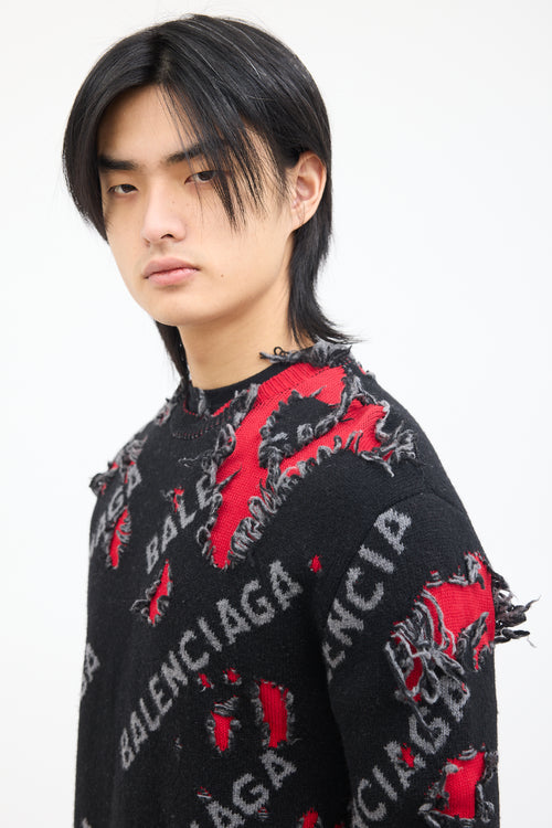 Balenciaga Black & Red Wool Destroyed Logo Sweater