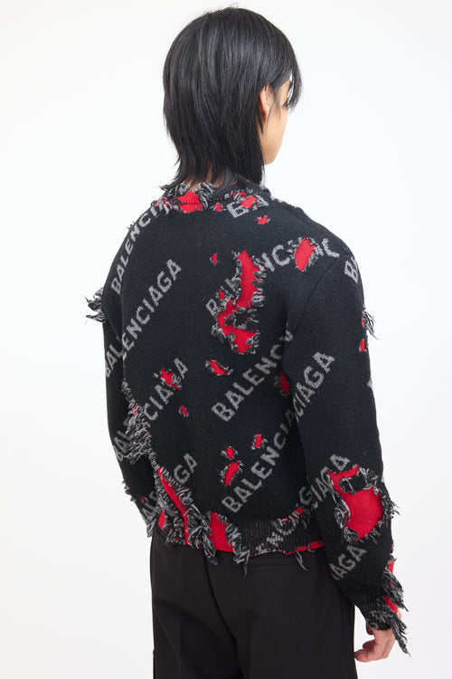 Balenciaga Black & Red Wool Destroyed Logo Sweater