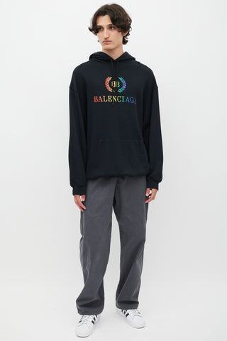 Balenciaga Black & Multicolour Embroidered Logo Hoodie