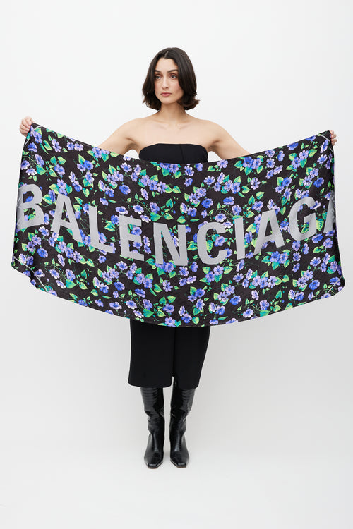 Balenciaga Black & Multicolour Floral Silk Scarf