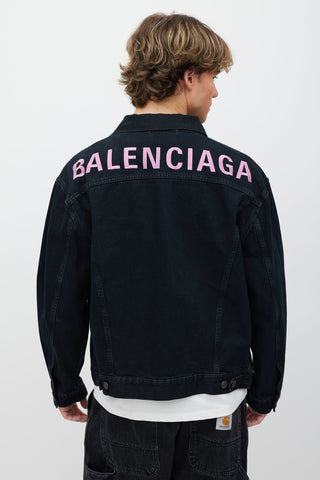 Balenciaga Black & Pink Embroidered Logo Denim Jacket