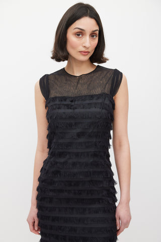 Balenciaga Black Silk Fringe Trim Tiered Dress