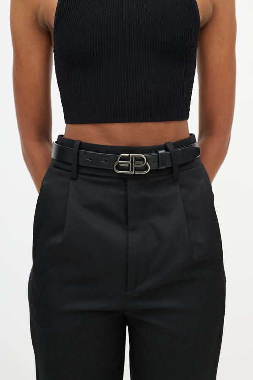 Balenciaga Black Leather Gunmetal BB Logo Belt