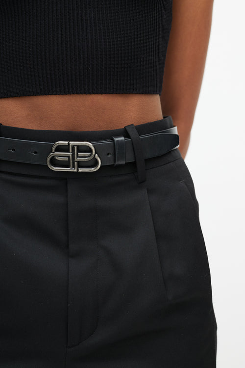 Balenciaga Black Leather Gunmetal BB Logo Belt