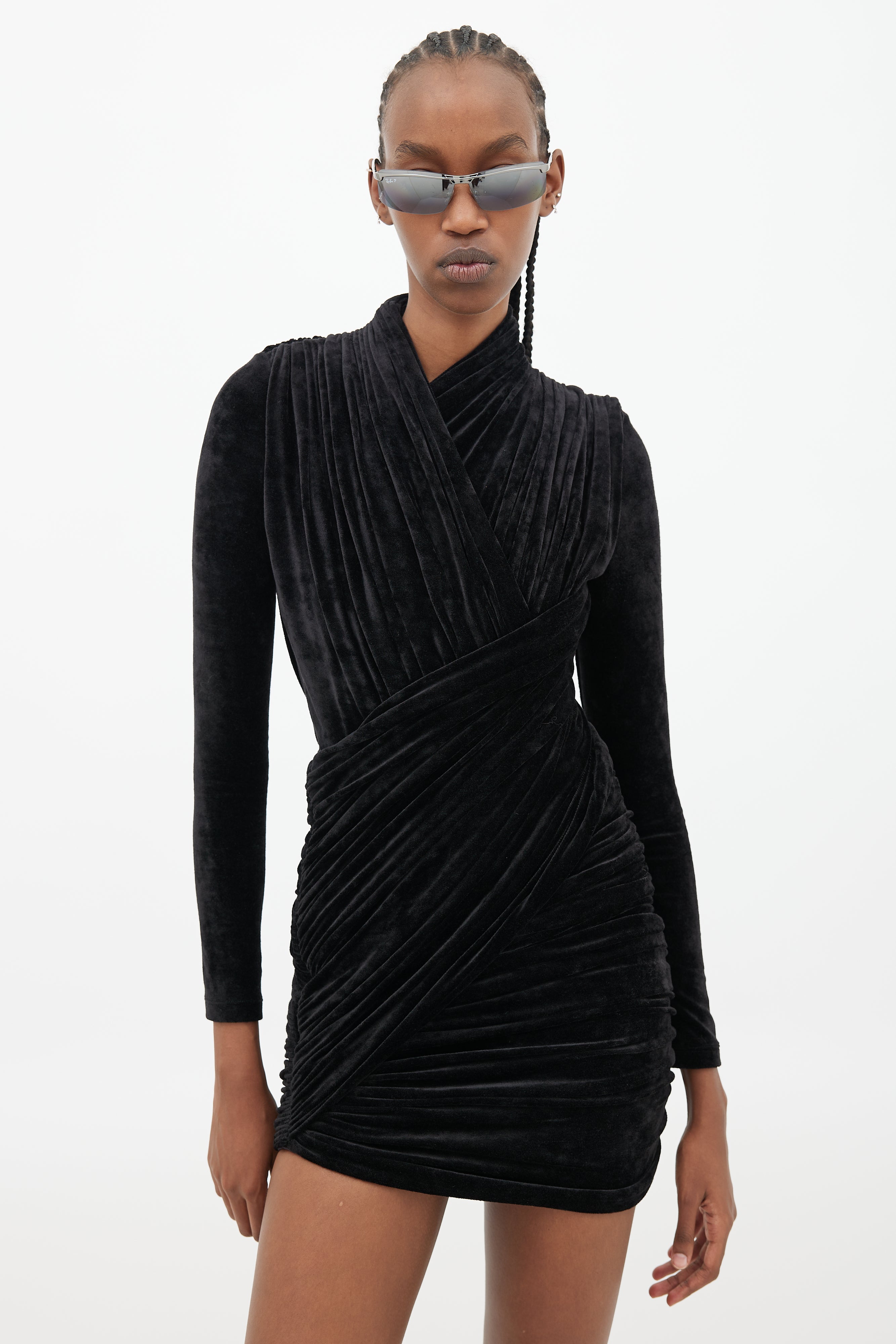 balenciaga velvet mini dress Balenciaga Women's Sweetheart Long Sleeve Velvet Minidress - Black