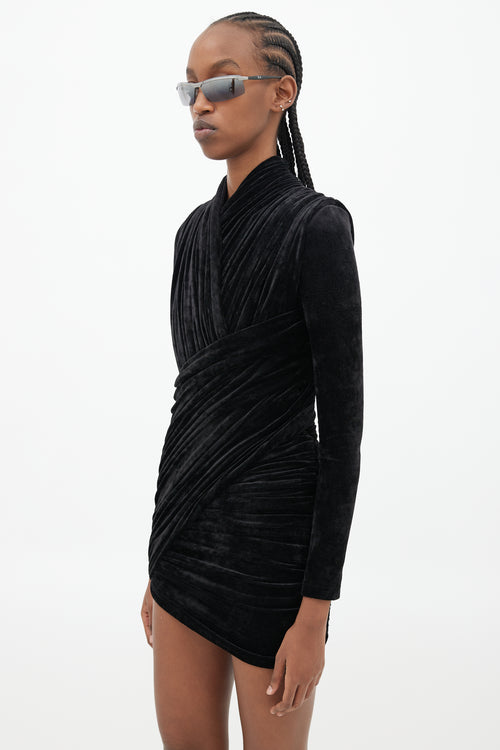 Balenciaga Black Velvet Gathered Mini Dress