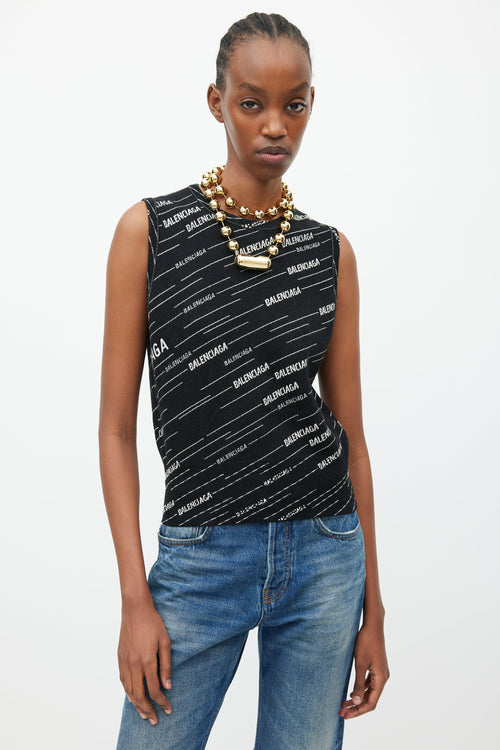 Balenciaga Black & White Woven Logo Wool Vest