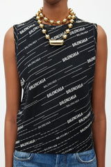 Balenciaga Black & White Woven Logo Wool Vest